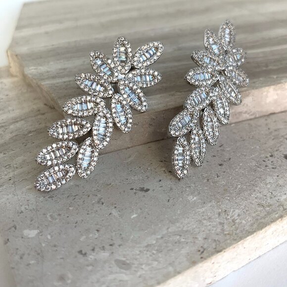 NEW ~ Anthropologie Pavé X Baguette Fancy Flower Drop Stud Silver Earrings - Picture 11 of 14